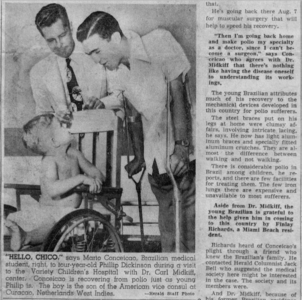 black and white photograph of girl in checkered dress walking in crutches due to polio.